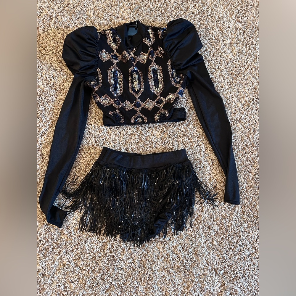 Black Sequin Crop Top and Fringe Skirt Set
